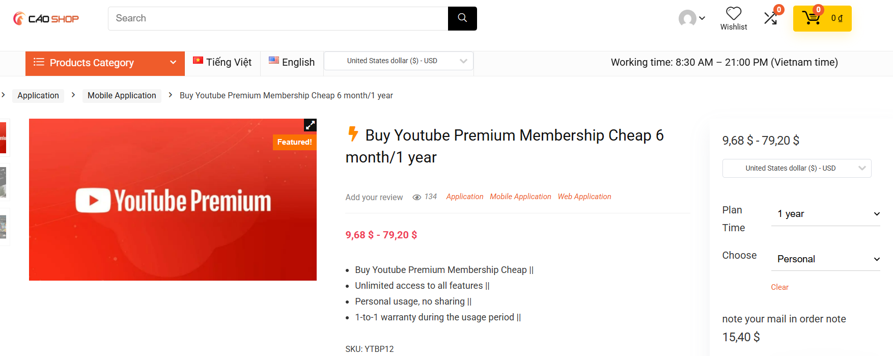 YouTube Premium cost at caoshop.net is super cheap!